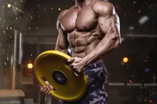 man bodybuilder chest six pack arms weight plate gym fire