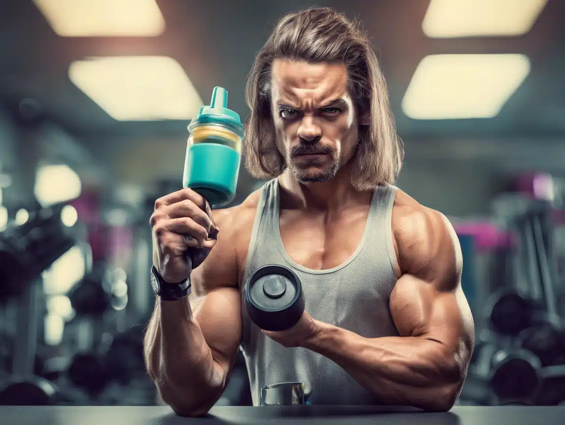 muscle man, biceps, dumbbells, water bottle