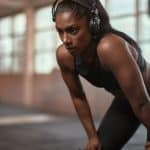 A woman wearing a cropped workout shirt, long pants, and headphones rests her body while taking a workout break.