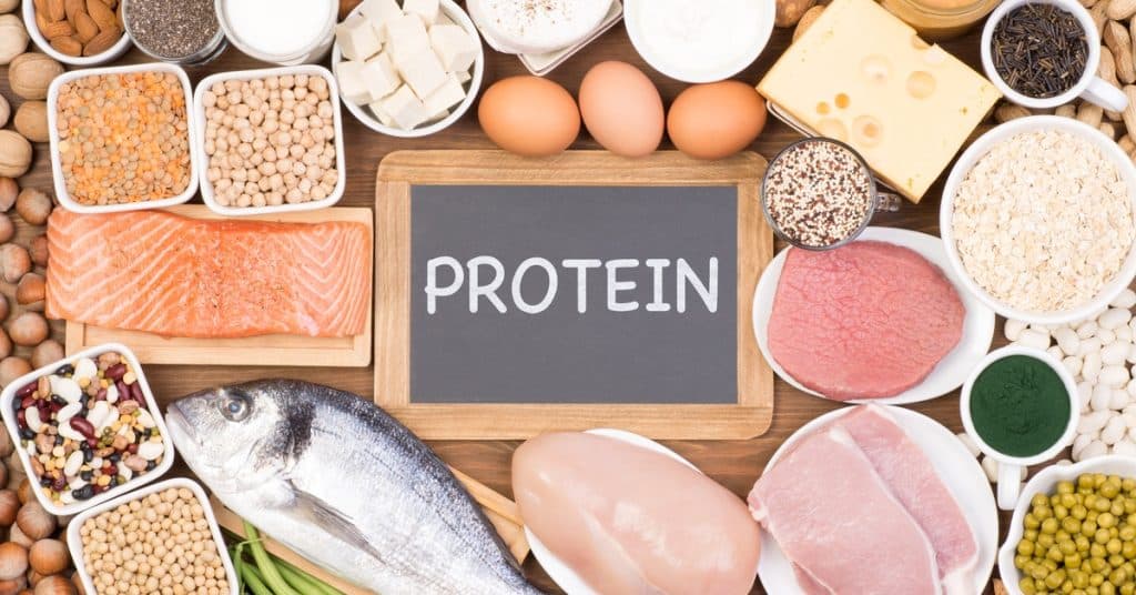 A variety of protein food sources on a wooden board. There is a chalkboard sign in the middle that reads "Protein."