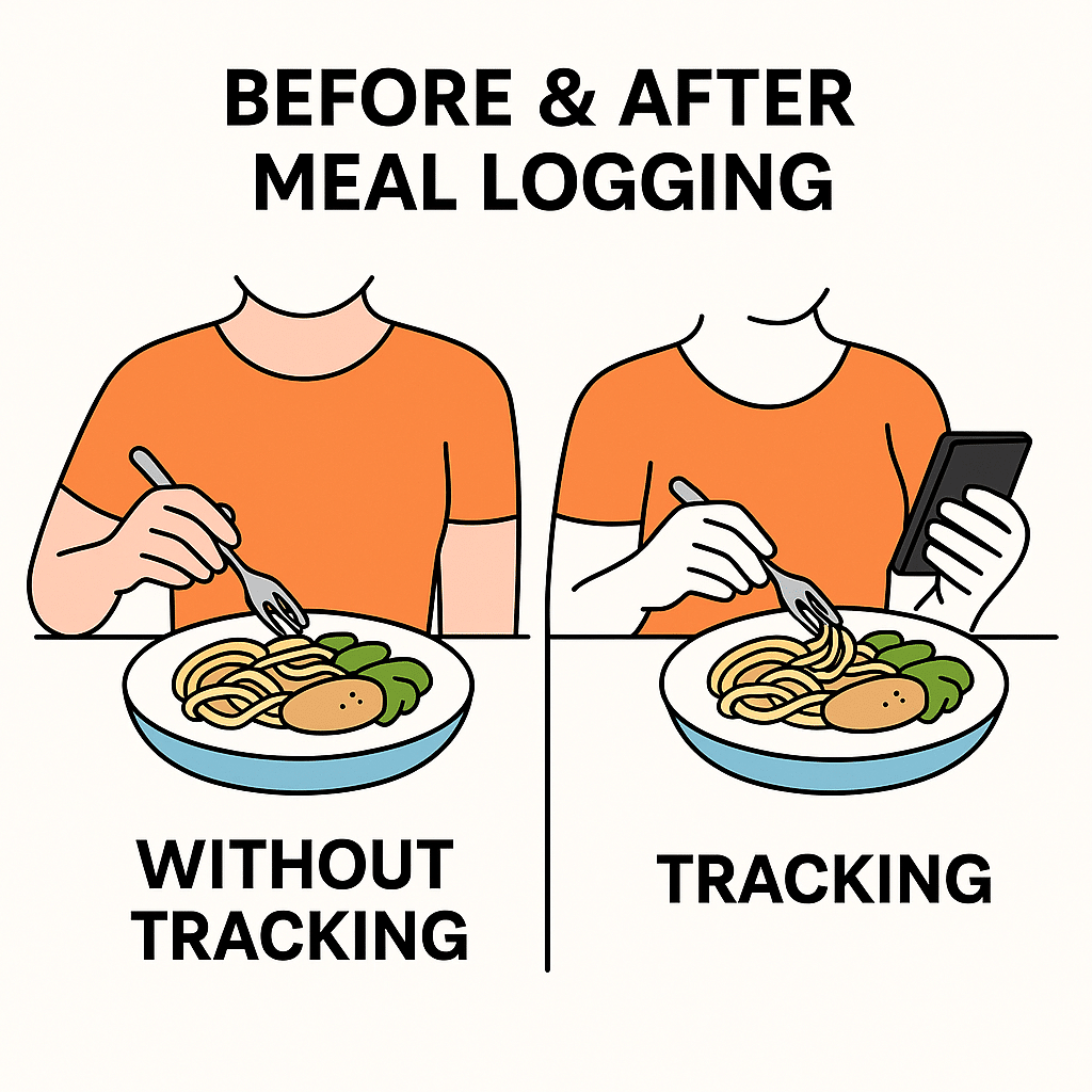 A side-by-side digital illustration showing a person eating a meal without tracking on the left, and using a smartphone to track the same meal on the right, labeled “Before & After Meal Logging.