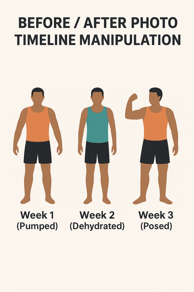 A three-panel infographic showing the same man across “Week 1 (Pumped),” “Week 2 (Dehydrated),” and “Week 3 (Posed),” illustrating how lighting, hydration, and posing can manipulate before-and-after photos.