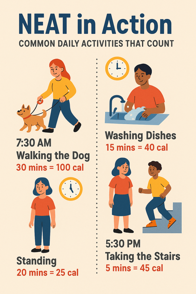 A colorful infographic titled “NEAT in Action – Common Daily Activities That Count” showing a day-in-the-life timeline of NEAT activities: walking the dog (30 mins = 100 cal), washing dishes (15 mins = 40 cal), standing (20 mins = 25 cal), and taking the stairs (5 mins = 45 cal).
