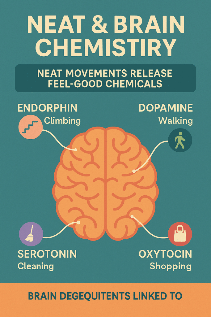 An infographic titled “NEAT & Brain Chemistry” showing a brain diagram connected to four neurotransmitters triggered by NEAT activities: endorphins from climbing, dopamine from walking, serotonin from cleaning, and oxytocin from shopping.