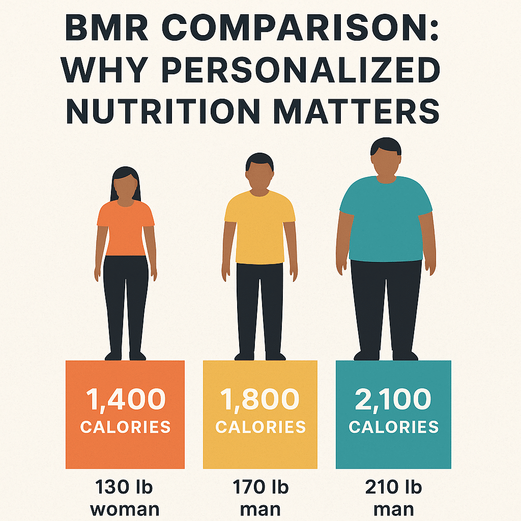 A digital infographic comparing the daily Basal Metabolic Rate (BMR) of three individuals by weight: a 130 lb woman (1,400 calories), a 170 lb man (1,800 calories), and a 210 lb man (2,100 calories).