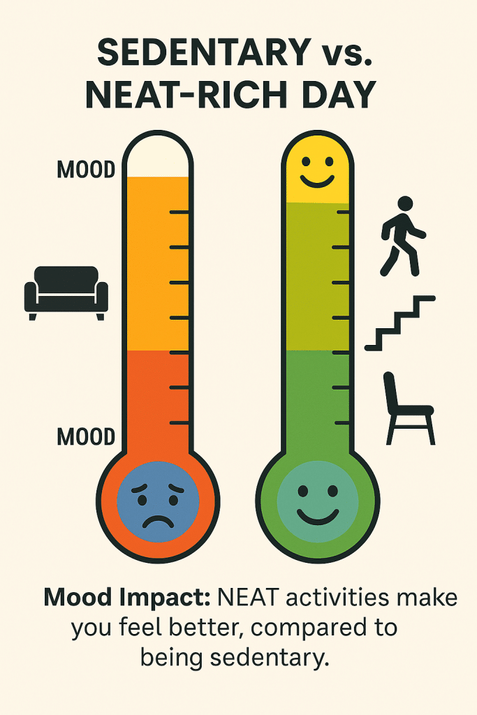 An infographic titled “Sedentary vs. NEAT-Rich Day” showing two mood thermometers side by side: the sedentary lifestyle has a sad face with a couch icon and low mood level, while the NEAT-rich lifestyle has a happy face with walking and stair icons and a high mood level.