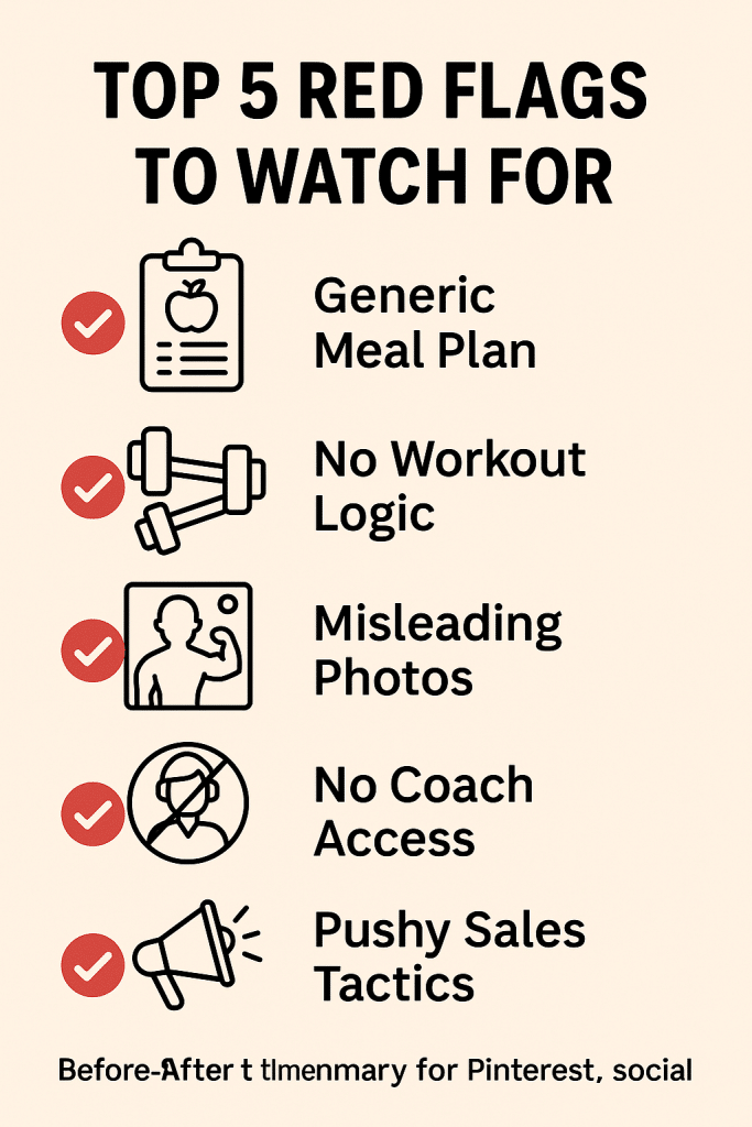 A checklist-style infographic listing five red flags in online fitness programs, including generic meal plans, no workout logic, misleading photos, no coach access, and pushy sales tactics, each with a bold icon and red checkmark.