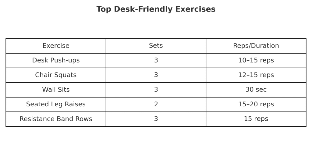 Office exercises chart showing 5 bodyweight moves for remote workers