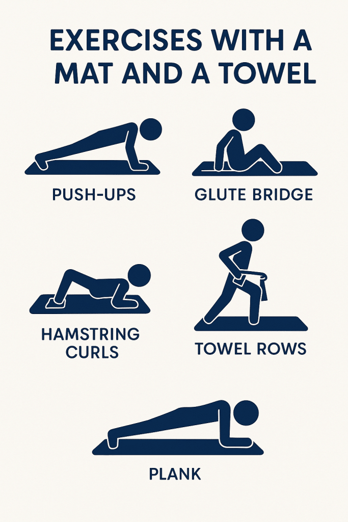 Infographic titled “Exercises with a Mat and a Towel” displaying five bodyweight workouts—Push-Ups, Glute Bridge, Hamstring Curls, Towel Rows, and Plank—illustrated with simple navy stick-figure drawings.
