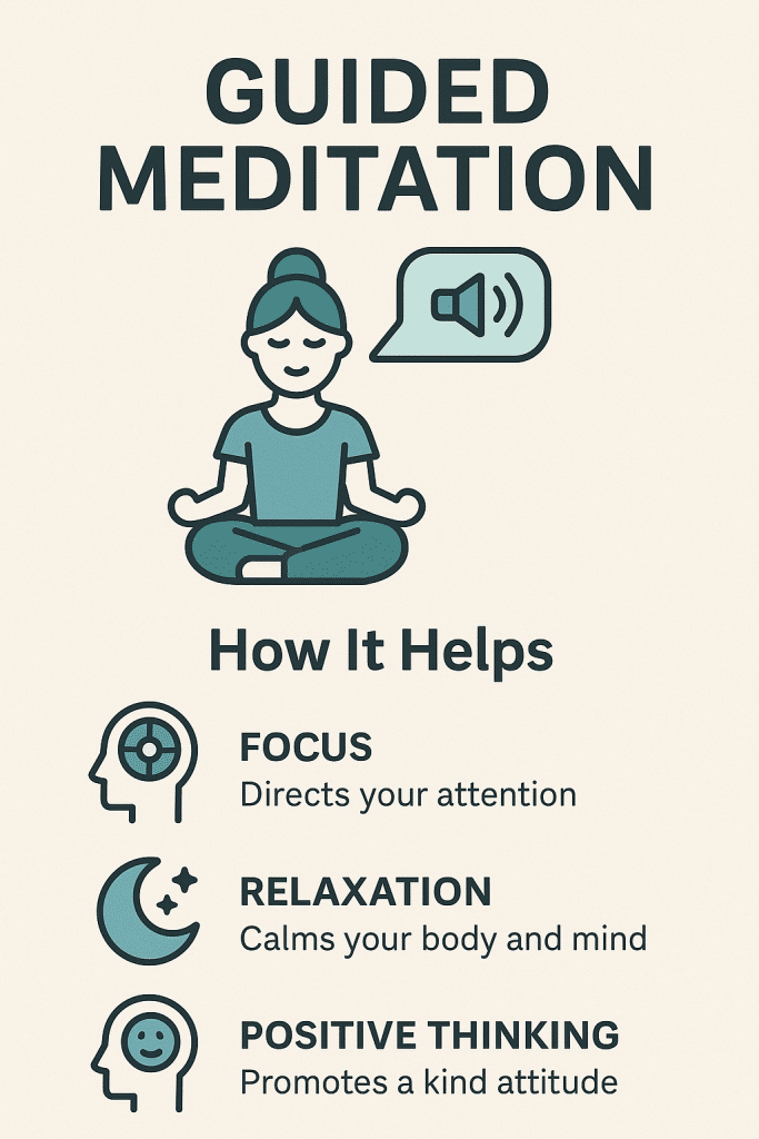 Infographic titled “Guided Meditation” illustrating three benefits—Focus, Relaxation, and Positive Thinking—with simple icons and text explaining how guided meditation helps mental clarity and emotional wellness.