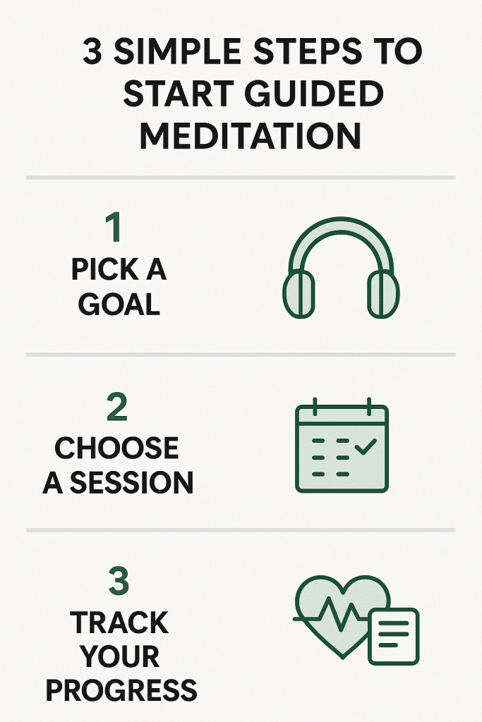 Infographic titled “3 Simple Steps to Start Guided Meditation” featuring clean icons and clear steps: pick a goal, choose a session, and track progress, laid out for easy readability on a light background.