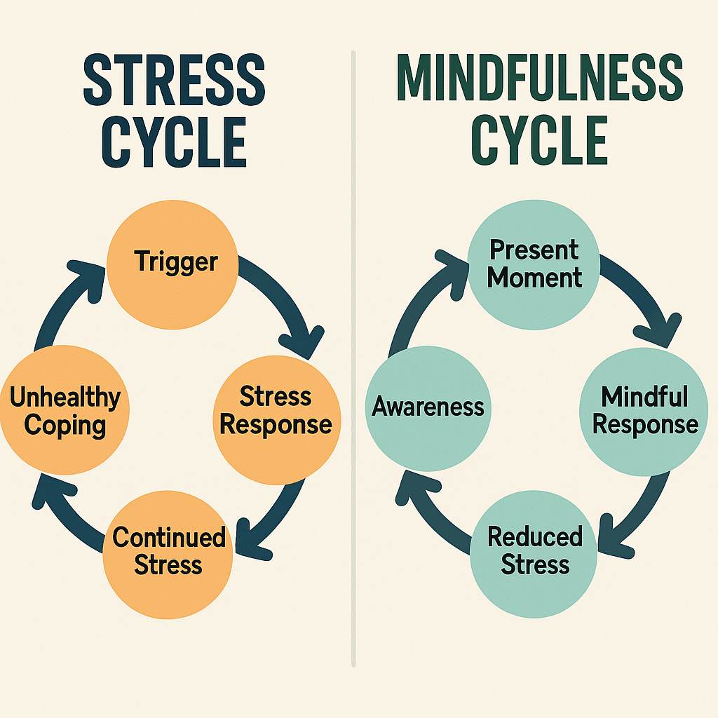 Infographic comparing stress cycle vs mindfulness cycle