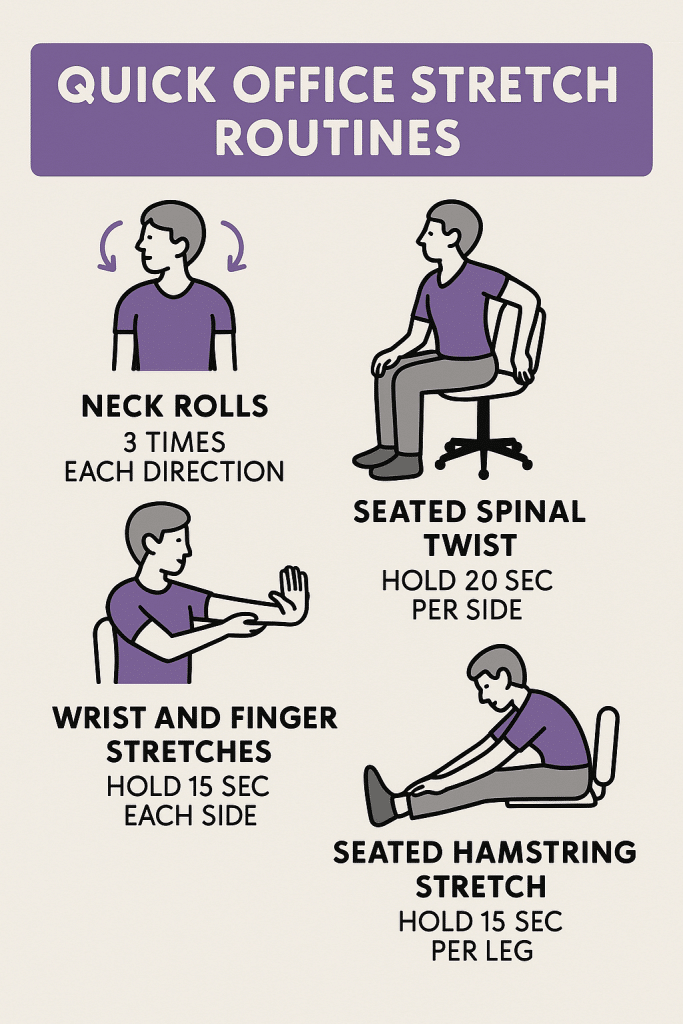 Infographic showing four office stretch routines including neck rolls, seated spinal twist, wrist and finger stretches, and hamstring stretch with illustrations and recommended durations.