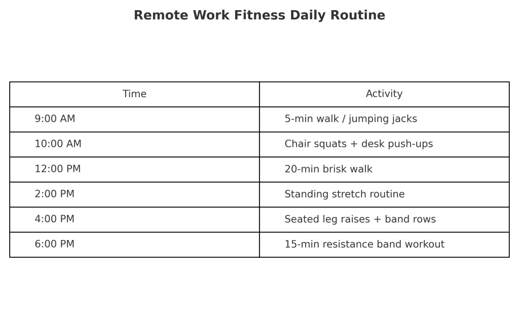 Daily movement schedule for remote workers showing hourly fitness prompts