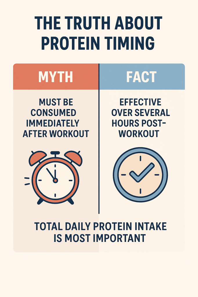 Infographic titled “The Truth About Protein Timing” comparing the myth that protein must be consumed immediately after a workout with the fact that protein remains effective for several hours post-exercise, emphasizing total daily intake.