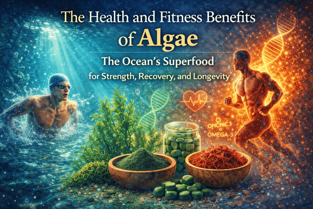 Illustration of spirulina powder, chlorella tablets, and sea moss with a swimmer and muscular athlete, highlighting the health and fitness benefits of algae for strength, recovery, omega-3 support, and longevity.