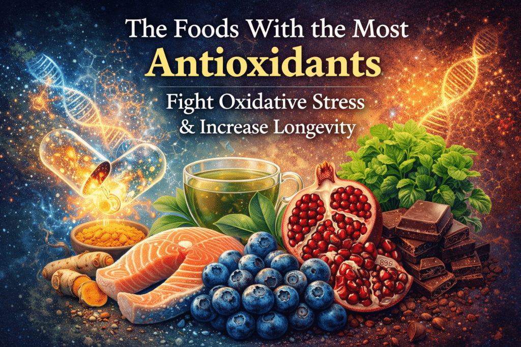 Illustration of antioxidant-rich foods including blueberries, pomegranate, wild salmon, turmeric, green tea, dark chocolate, and watercress with glowing DNA strands symbolizing protection against oxidative stress and longevity support.