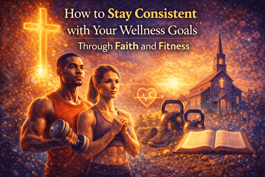 Illustration of a fit man holding a dumbbell and a woman standing in prayer with a glowing cross, church, kettlebells, running shoes, and an open Bible, symbolizing staying consistent with wellness goals through faith and fitness.
