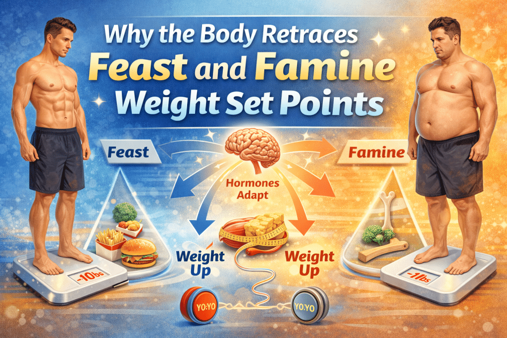 Educational graphic showing a lean man and a heavier man standing on scales, illustrating feast and famine weight set points, with a brain labeled hormones adapt and arrows showing weight regain and yo-yo dieting effects.
