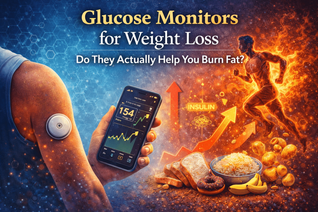 Illustration of a person wearing a continuous glucose monitor on their arm while holding a smartphone showing blood sugar levels, alongside carb-rich foods and a fit figure symbolizing insulin response and fat burning for weight loss.
