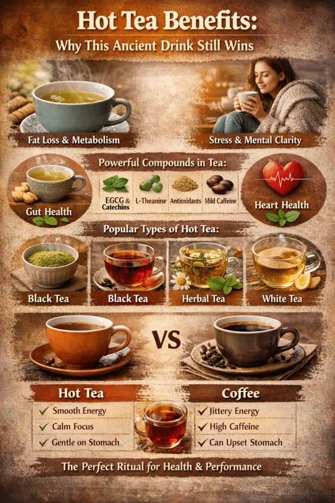 Infographic titled “Hot Tea Benefits: Why This Ancient Drink Still Wins” featuring steaming cups of green, black, white, and herbal tea. Sections highlight fat loss, metabolism, gut health, stress relief, heart health, antioxidants (EGCG, L-theanine), and a comparison of hot tea versus coffee for smooth energy and better digestion.