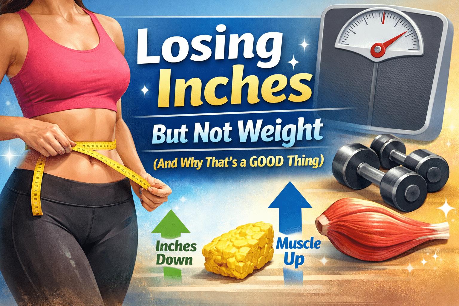 Woman measuring her waist with a tape measure next to a scale that hasn’t moved, with dumbbells and muscle illustration showing inches down and muscle up, highlighting body recomposition and losing inches without losing weight.
