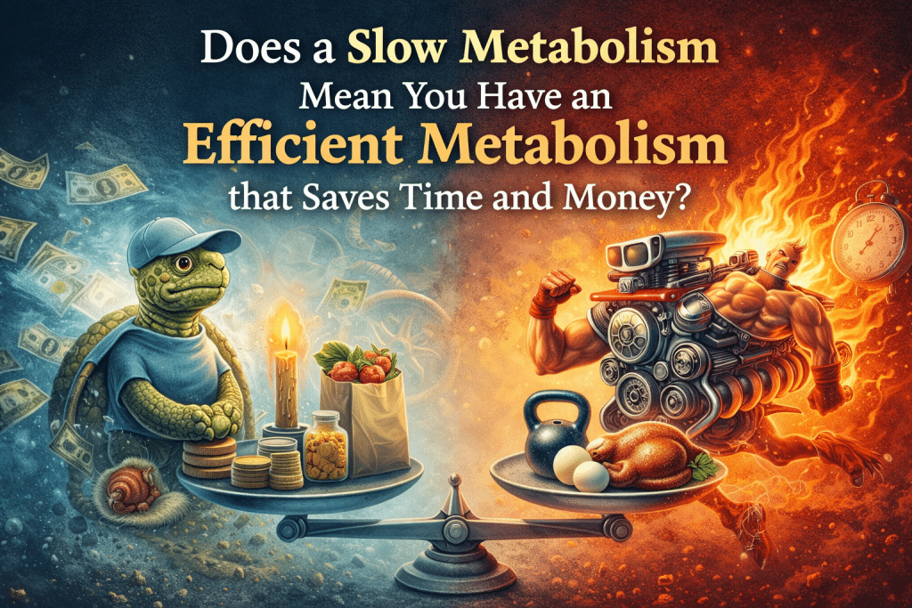 Illustration comparing slow and efficient metabolism showing a turtle saving money on one side and a powerful engine with fitness and food symbols on the other, representing energy use, calorie burn, and metabolic efficiency.