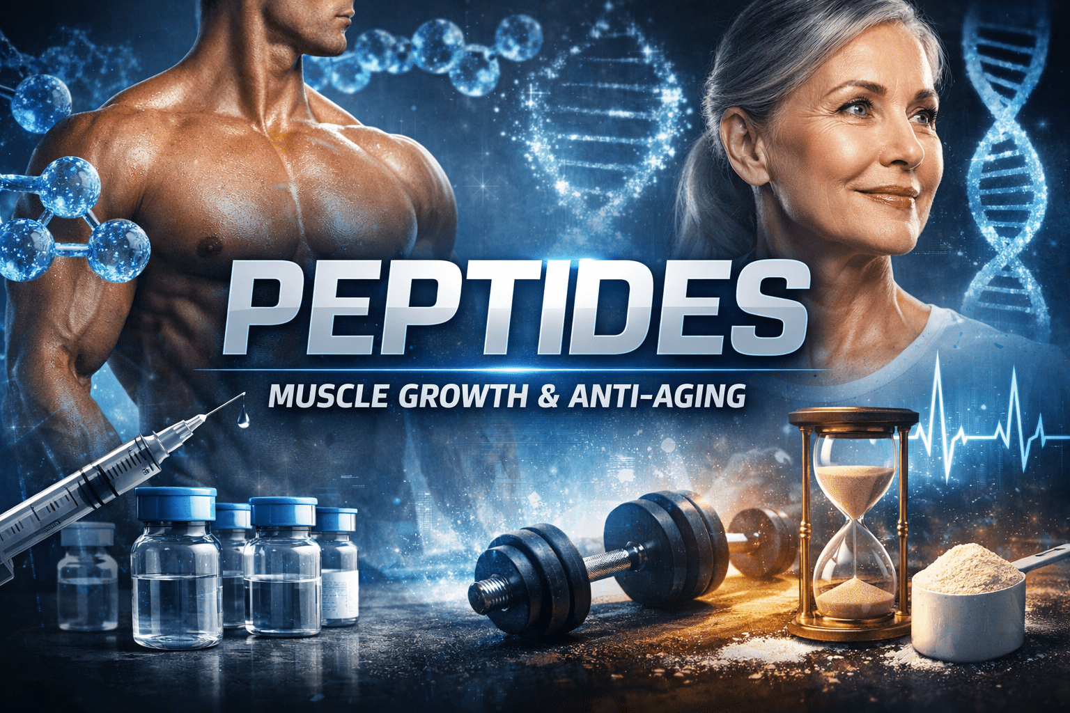 Feature image showing the word “Peptides” in bold text with a muscular man and a mature woman representing muscle growth and anti-aging. Background includes DNA strands, peptide molecular structures, injectable vials, syringe, dumbbell, hourglass, and protein powder, symbolizing fitness, longevity, and performance optimization.