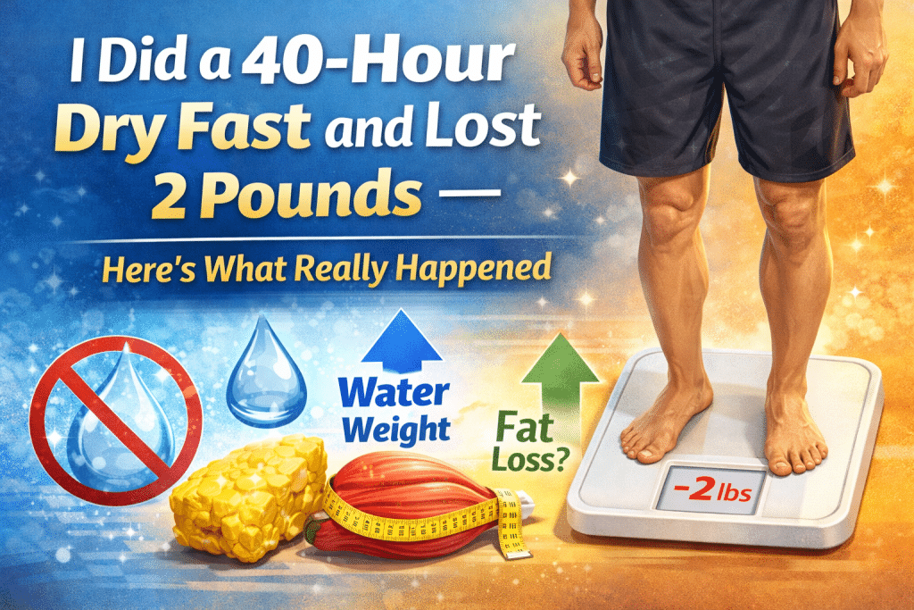 Man standing on a digital scale showing a 2-pound weight loss after a 40-hour dry fast, with graphics illustrating water weight, fat, and muscle to explain the difference between water loss and true fat loss.