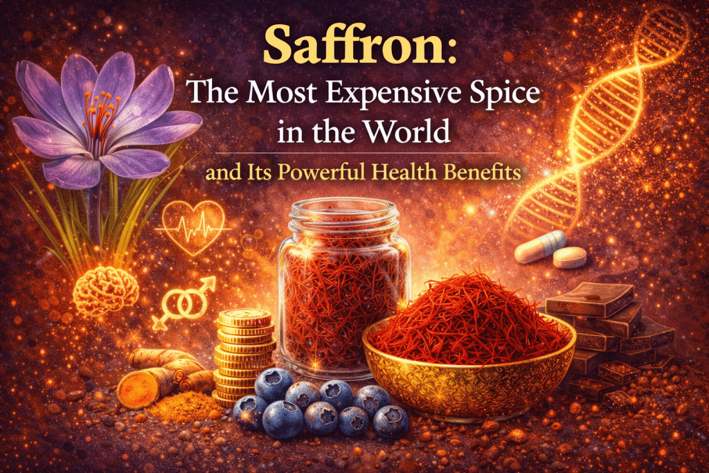 Illustration of saffron threads in a glass jar and golden bowl with Crocus sativus flower, blueberries, turmeric, dark chocolate, and glowing DNA strand, representing saffron’s antioxidant properties and powerful health benefits.