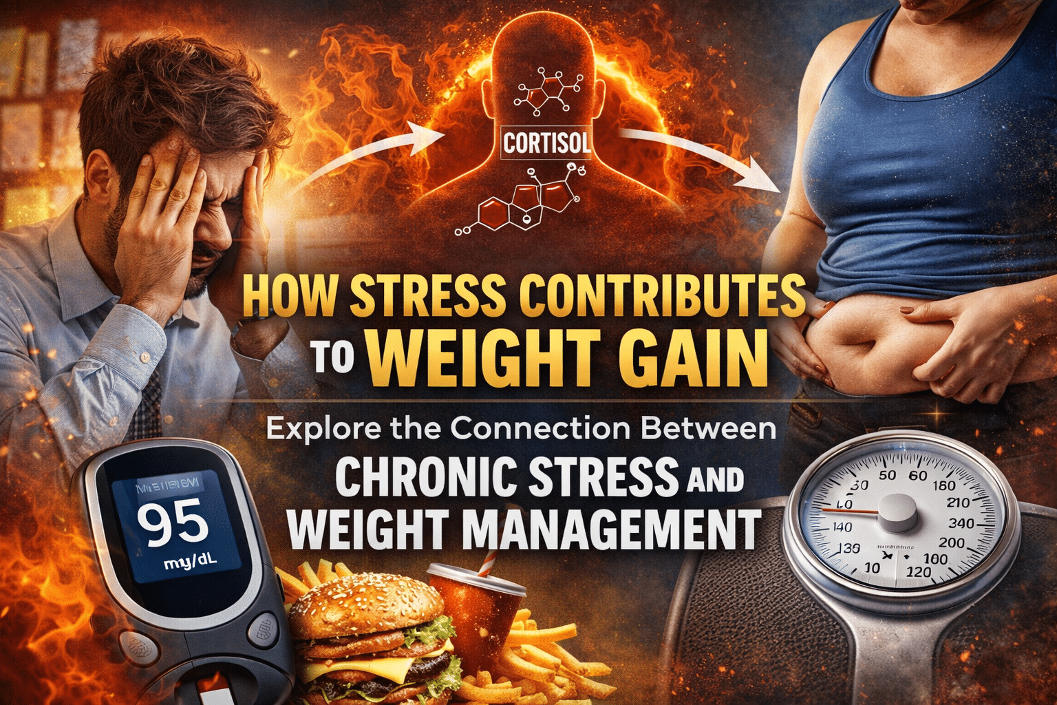 Featured image illustrating how stress contributes to weight gain, showing a stressed man holding his head, a glowing cortisol graphic, arrows pointing to abdominal fat and a weight scale, plus fast food and a glucose meter. The fiery background symbolizes chronic stress impacting metabolism and weight management.