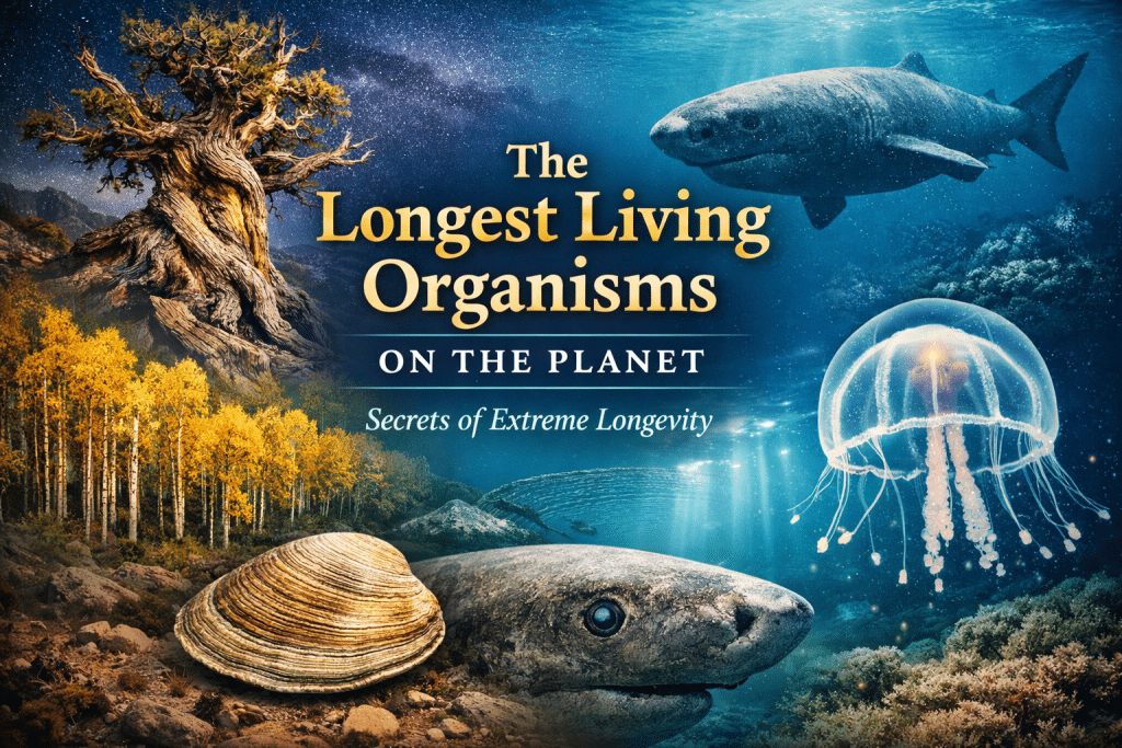Illustration of the longest living organisms on Earth including an ancient bristlecone pine tree, Greenland shark, immortal jellyfish, ocean quahog clam, and a vast aspen forest representing extreme longevity in nature.