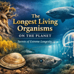 Illustration of the longest living organisms on Earth including an ancient bristlecone pine tree, Greenland shark, immortal jellyfish, ocean quahog clam, and a vast aspen forest representing extreme longevity in nature.
