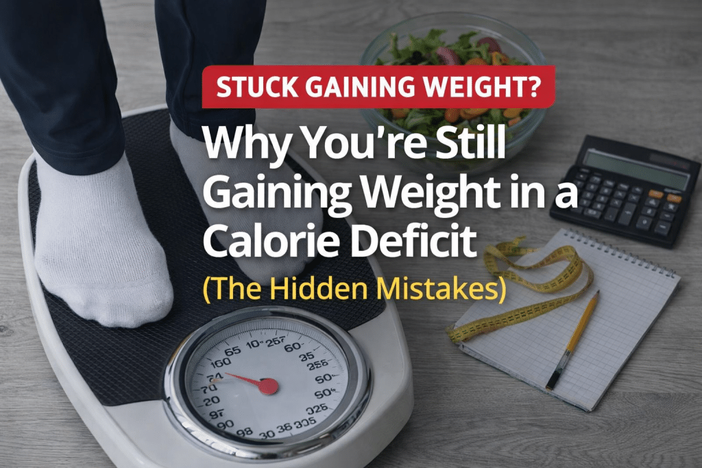Person standing on a bathroom scale surrounded by a salad bowl, calculator, measuring tape, and notebook, illustrating weight gain despite tracking calories and dieting.