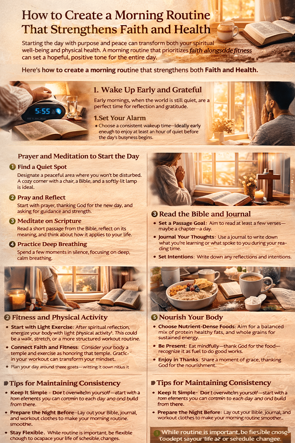Infographic showing a morning routine that strengthens faith and health, including prayer, Bible reading, journaling, light exercise, and a healthy breakfast to start the day with purpose and energy.