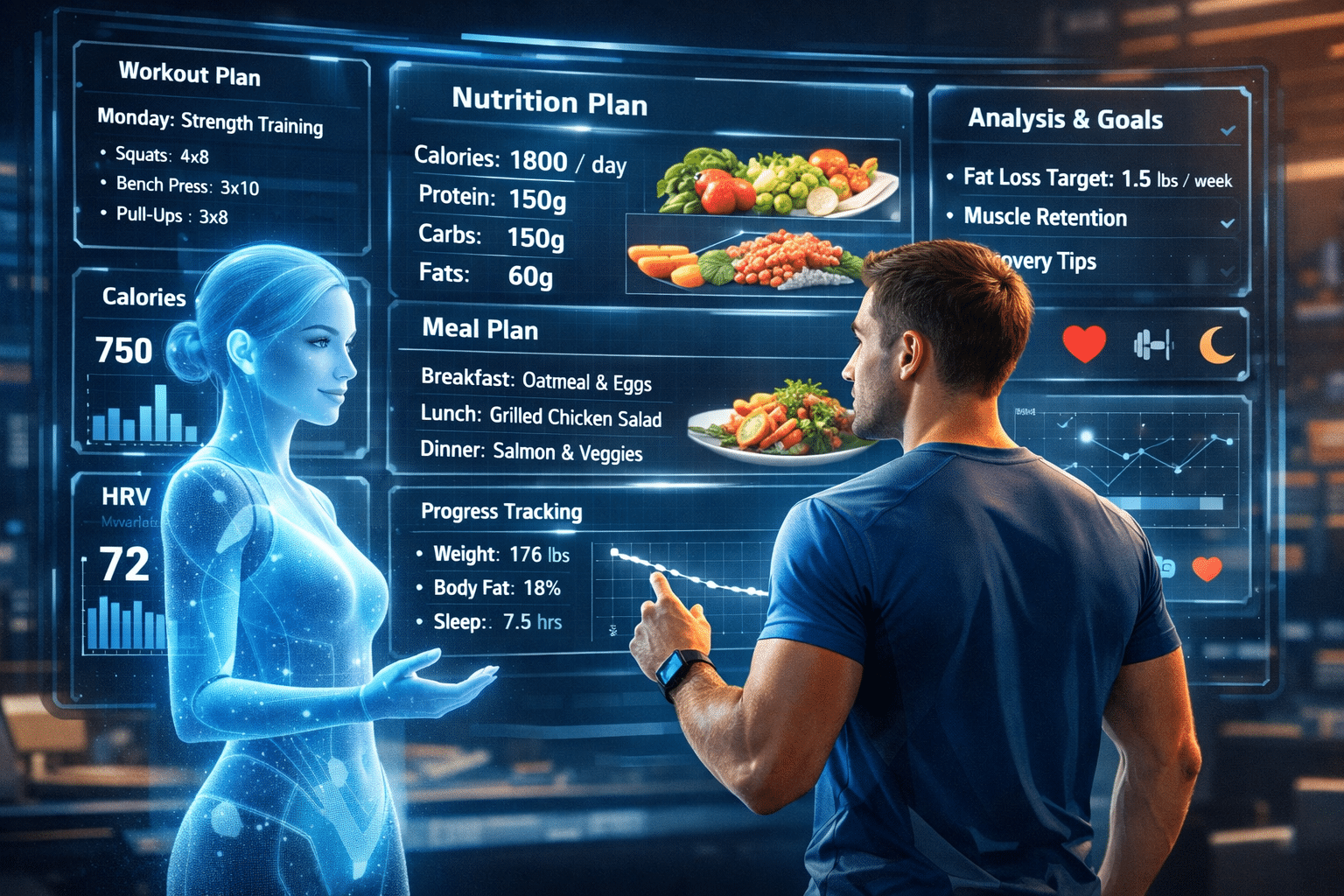 Prompt engineering for health and fitness goals with AI analyzing workouts, nutrition, and health metrics on a digital dashboard.