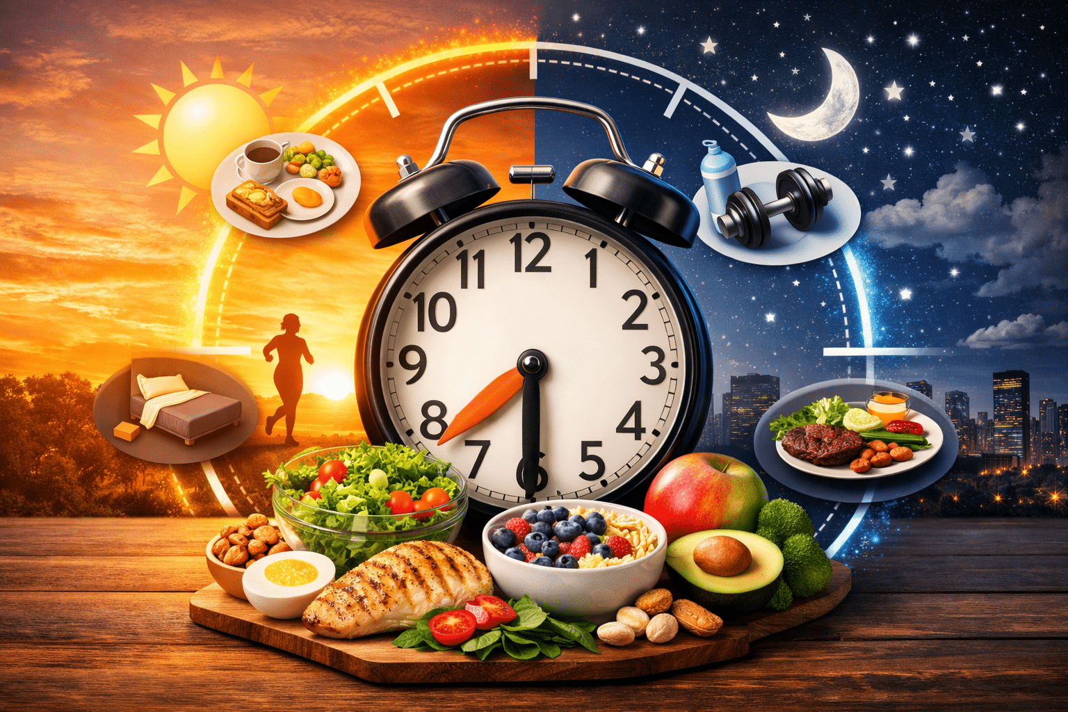 Illustration of a clock representing circadian rhythm surrounded by healthy foods, exercise, sunrise and nighttime scenes, showing how meal timing and meal timing and circadian rhythm influence energy, metabolism, fitness performance, and daily nutrition habits.