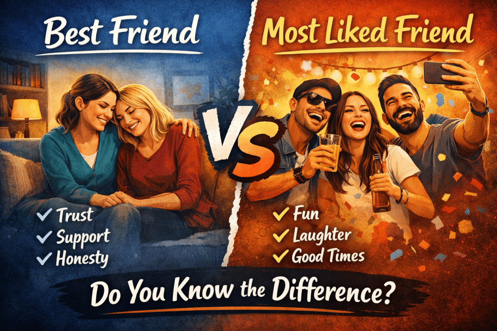 Split illustration comparing a best friend and a most liked friend—one side shows two close friends sharing a quiet, supportive moment symbolizing trust and honesty, while the other shows a group of friends laughing and taking a selfie representing fun, laughter, and good times.