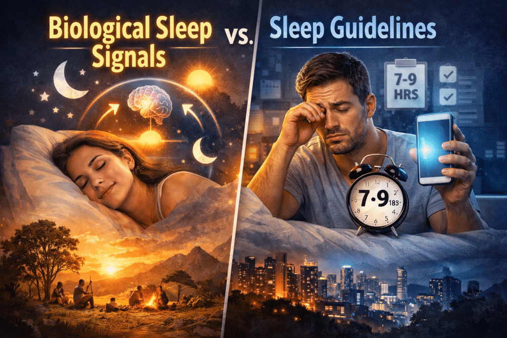 Split illustration comparing biological sleep signals vs sleep guidelines, showing a person sleeping naturally with circadian rhythm cues on one side and a tired person relying on a 7–9 hour rule and alarm clock on the other.