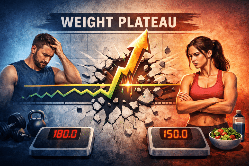 Illustration of a weight plateau showing two frustrated individuals standing on scales stuck at the same numbers while a graph line breaks upward through a barrier, representing overcoming fat loss plateaus and breaking through set-point resistance.