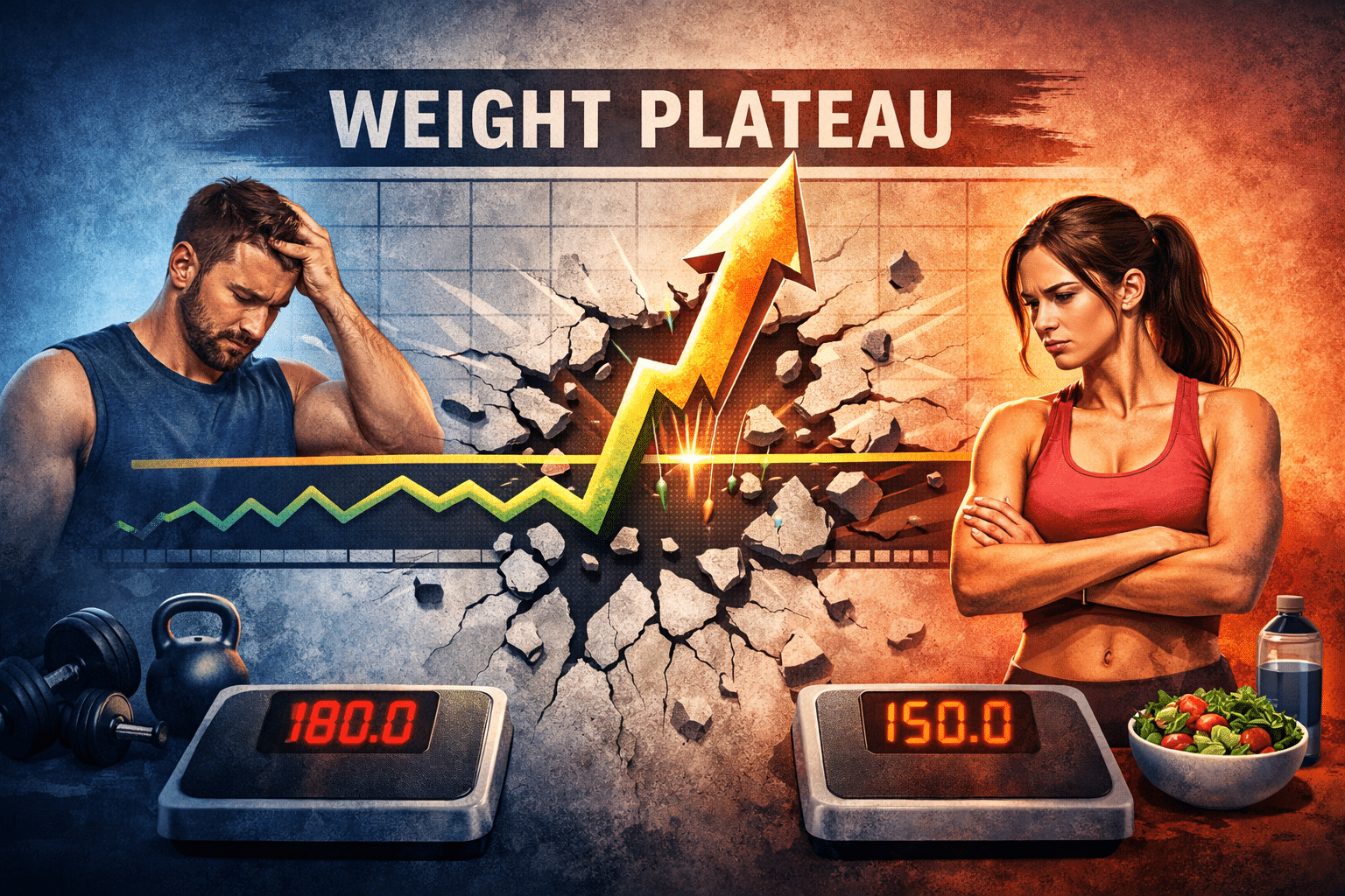 Illustration of a weight plateau showing two frustrated individuals standing on scales stuck at the same numbers while a graph line breaks upward through a barrier, representing overcoming fat loss plateaus and breaking through set-point resistance.
