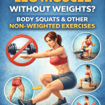 Illustration of a woman performing a pistol squat surrounded by bodyweight leg exercises like lunges and split squats, highlighting how to build leg muscle without weights using non-weighted exercises.