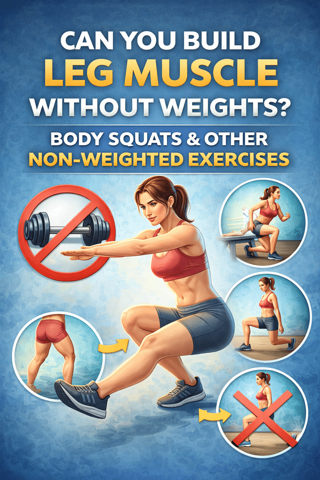 Illustration of a woman performing a pistol squat surrounded by bodyweight leg exercises like lunges and split squats, highlighting how to build leg muscle without weights using non-weighted exercises.