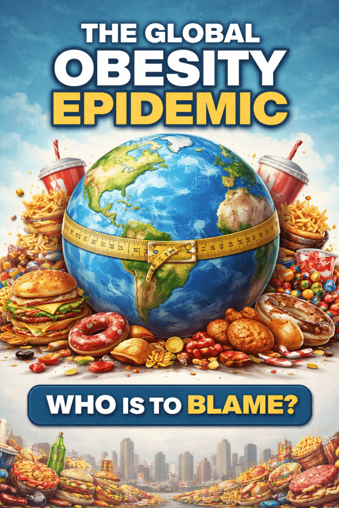 Illustration of the Earth wrapped with a measuring tape surrounded by fast food like burgers, fries, donuts, candy, and soda, symbolizing the global obesity epidemic and questioning who is responsible for the rise in obesity worldwide.