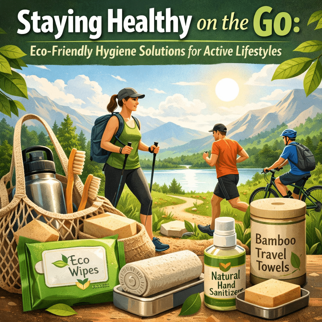 Illustration of hikers and cyclists enjoying outdoor activities near mountains and a lake, surrounded by eco-friendly hygiene products like bamboo travel towels, natural hand sanitizer, soap bars, and eco wipes, representing sustainable health solutions for active lifestyles.
