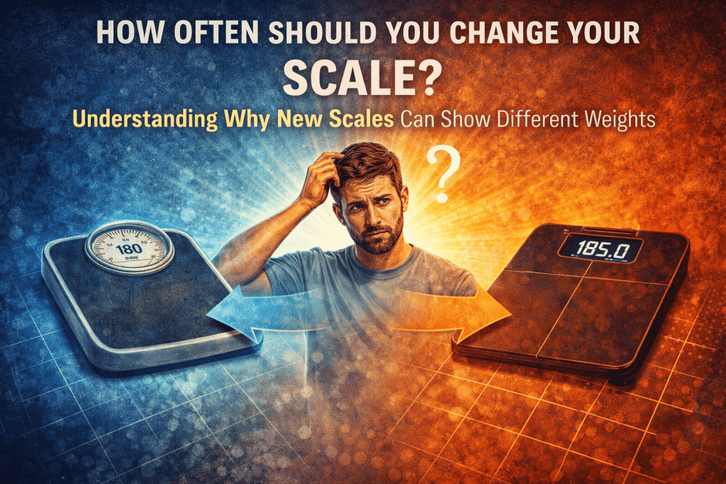 Illustration of a confused man comparing an old analog scale reading 180 pounds and a new digital scale reading 185 pounds, highlighting why different scales can show different weights and how scale changes affect tracking progress.