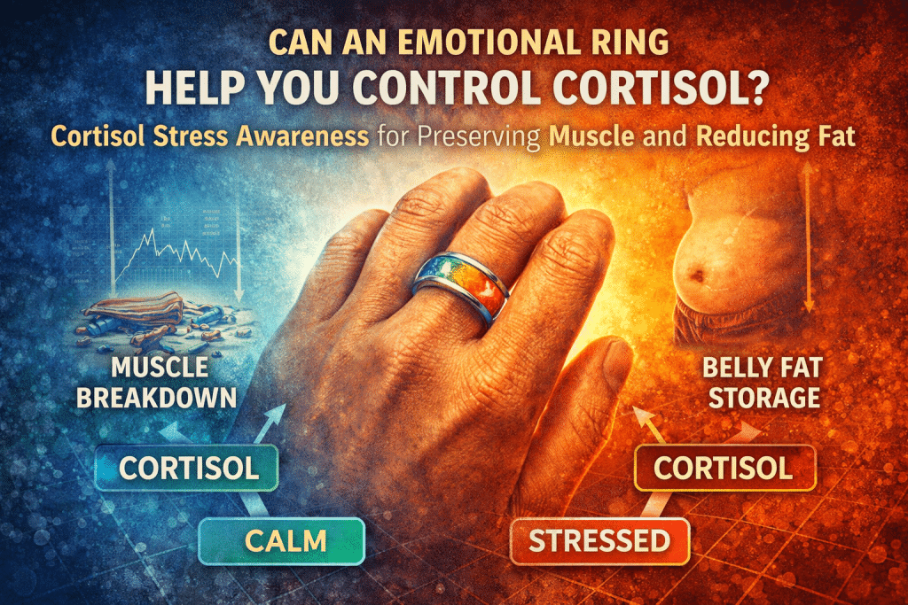 Illustration of a hand wearing a color-changing emotional ring showing stress levels, with graphics linking cortisol to muscle breakdown and belly fat storage, highlighting emotional ring cortisol stress awareness.