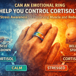 Illustration of a hand wearing a color-changing emotional ring showing stress levels, with graphics linking cortisol to muscle breakdown and belly fat storage, highlighting emotional ring cortisol stress awareness.