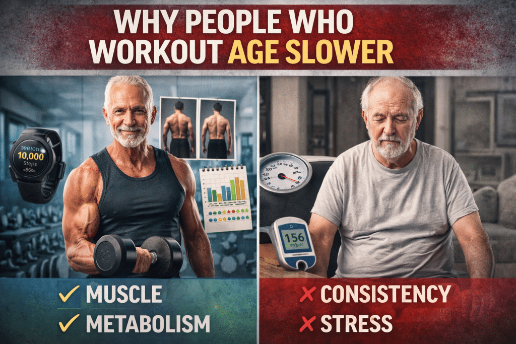 Why working out slows aging showing fit muscular older man vs sedentary man highlighting muscle, metabolism, and consistency
