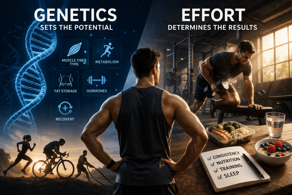 Split fitness infographic showing genetics vs effort, with DNA and biological traits on one side and a man training in the gym on the other, illustrating how genetics influence potential while effort determines fitness results.